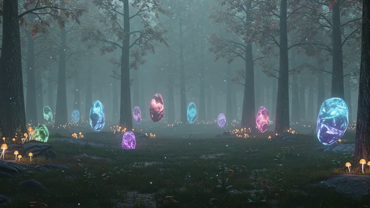 Enchanted Forest: A Mystical Realm Filled with Glowing Crystals and Luminous Mushrooms, Captivating Nature's Beauty in a Dreamlike Atmosphere