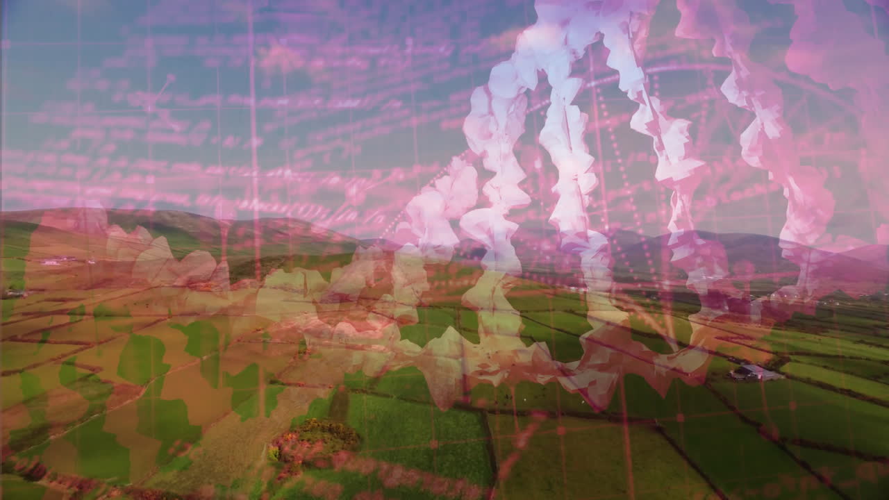 molecular helix grid overlay floating across green farmland patchwork, showing data in flat design