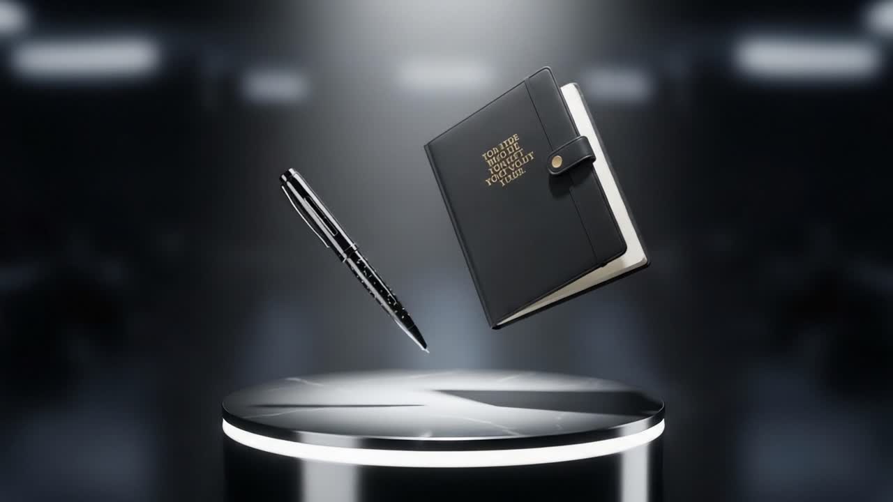 Elegant Pen and Notebook Displayed in Mid-Air, Highlighting Modern Design and Professional Use in a Sophisticated Setting