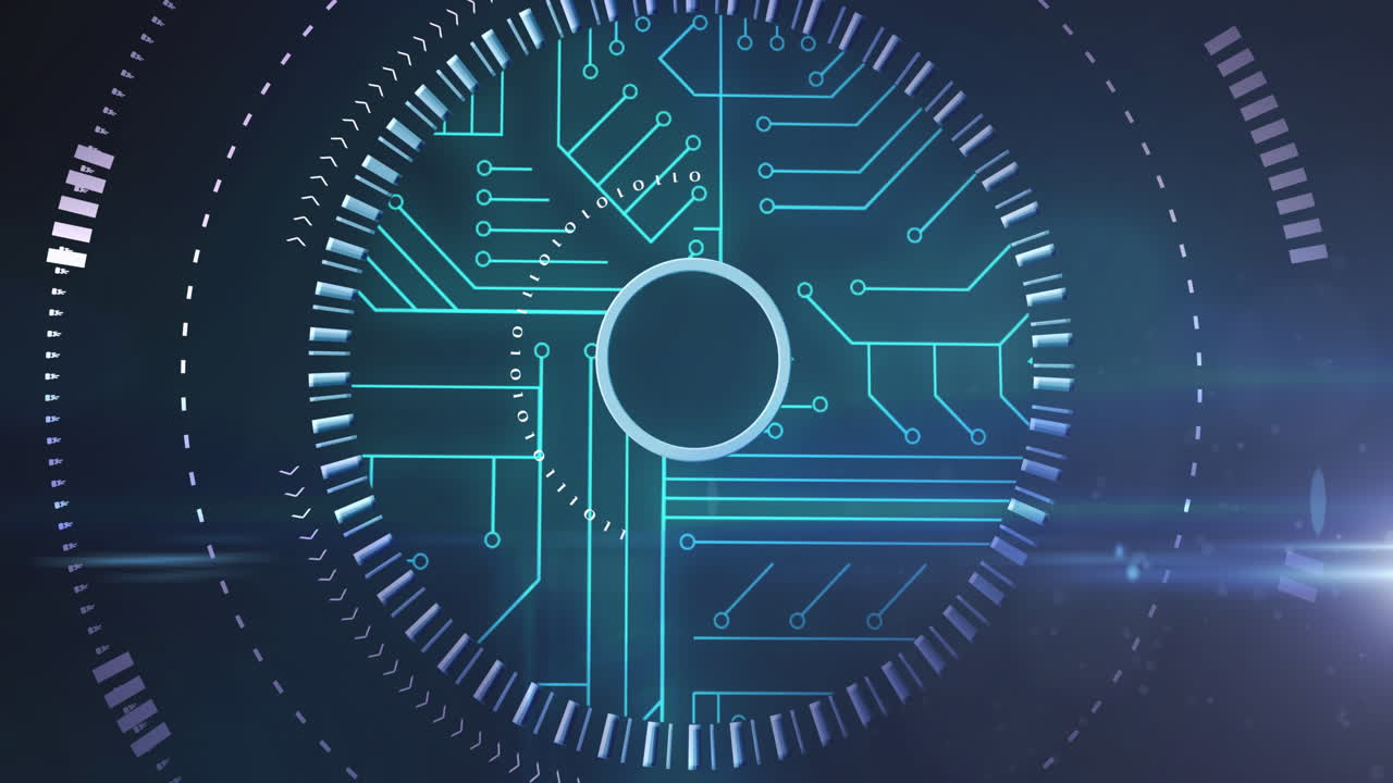 Animation of digital circuit board with glowing green circle scope