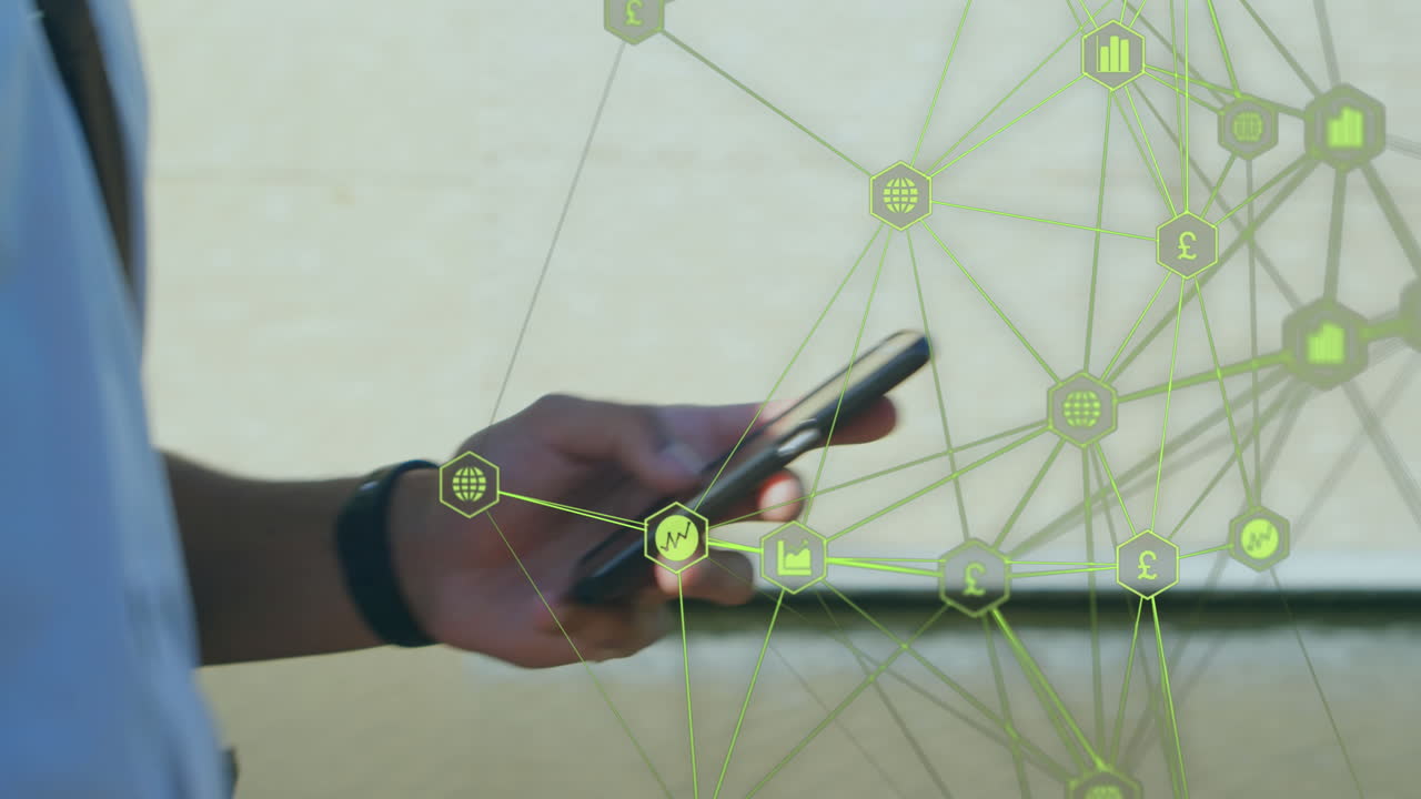 alguien caminando y usando su teléfono con red 3d digital