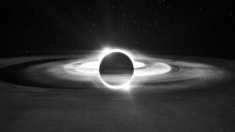 animación de agujero negro en blanco y negro con horizonte de eventos, luz y tiempo distorsionados por la gravedad en el espacio exterior