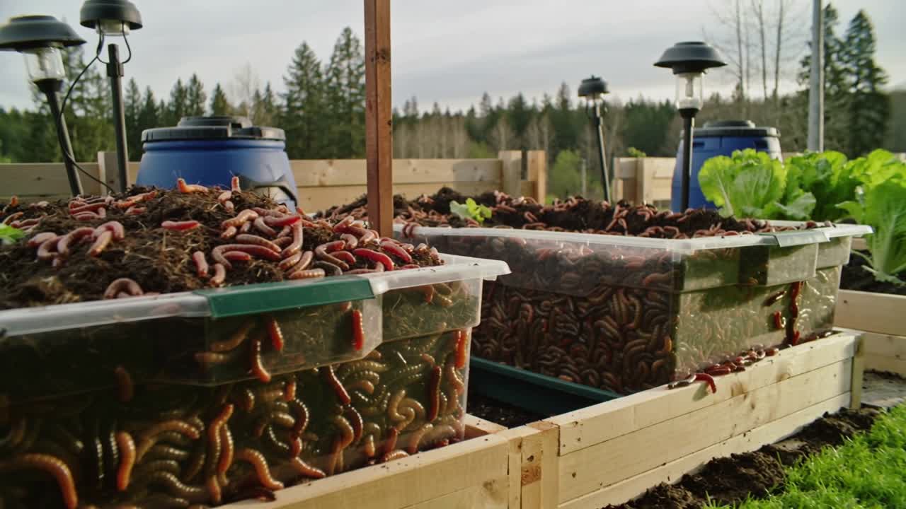 Panning camera revealing two transparent bins, worms crawling over lips, seeking space in bedding