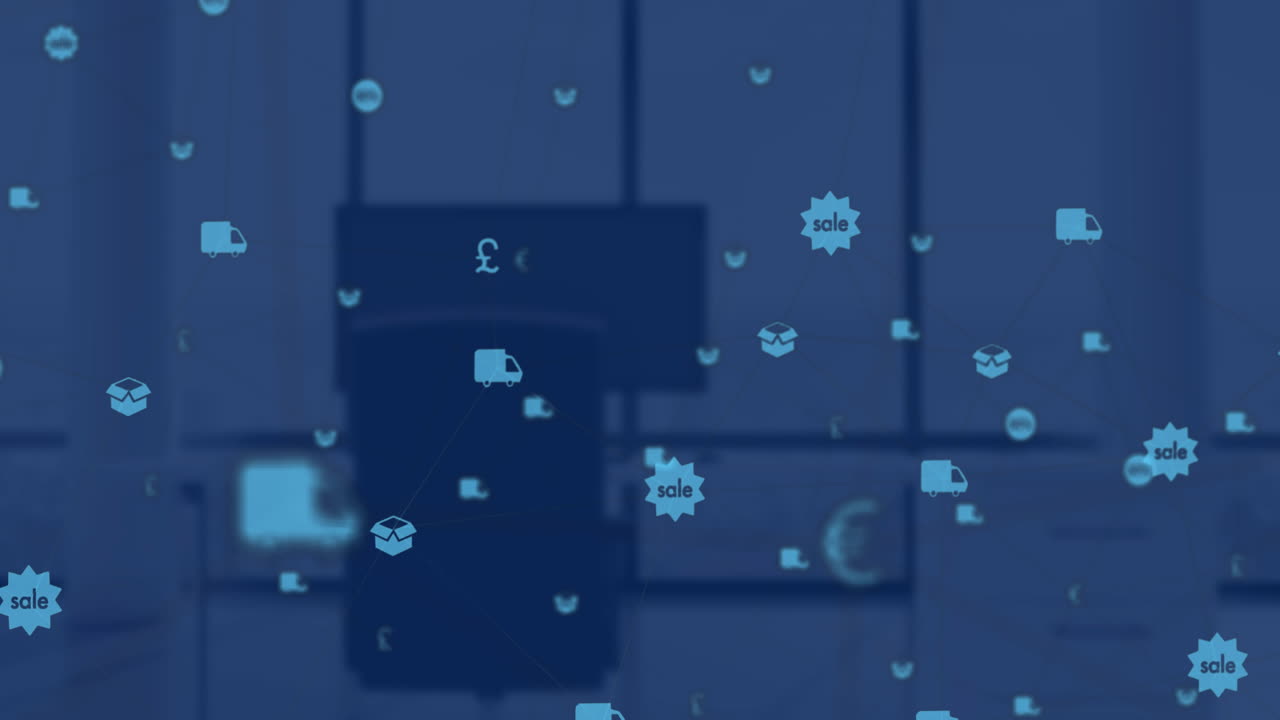 video compuesto digital de una red de conexiones con iconos que se mueven contra el escritorio de la computadora