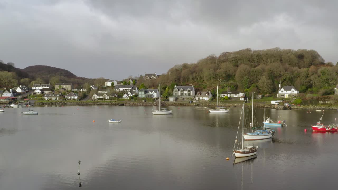 An aerial view of the harbour village of Tayvallich on an overcast day in Argyll and Bute, Scotland