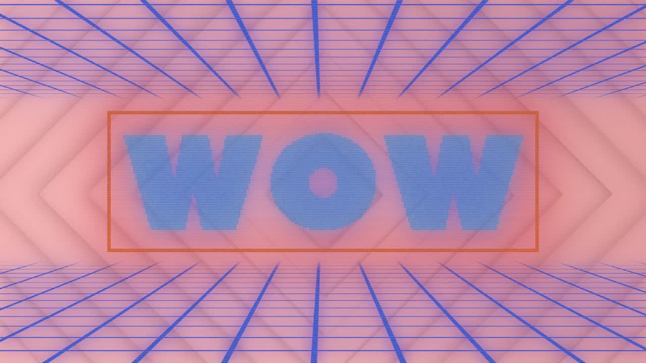 Animazione del testo "wow" con linee blu su quadrati su sfondo rosa