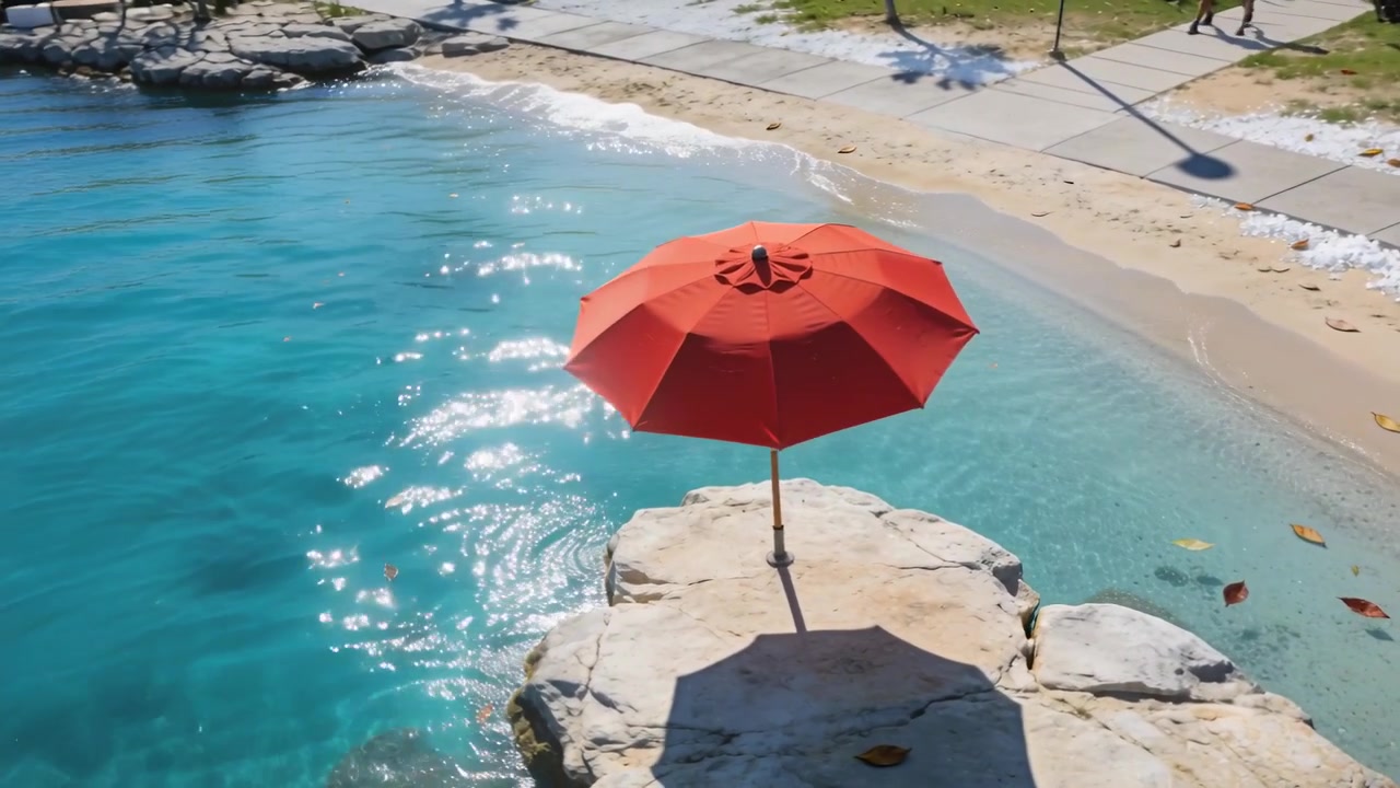 Drone che effettua una panoramica filmando un ombrello rosso su una roccia vicino a una baia blu, centrando una coppia vestita casualmente che cammina.