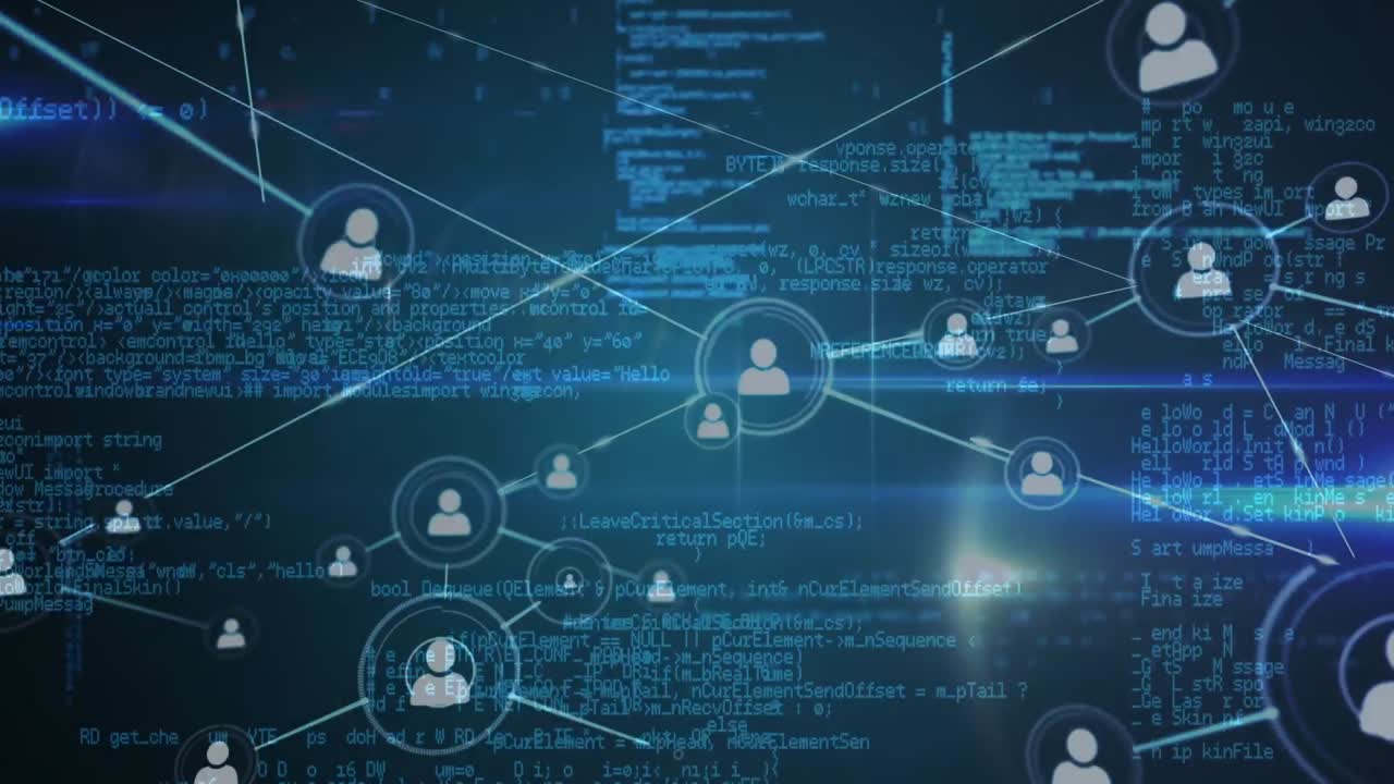 Animation of network of connections of user icons and data processing in digital space