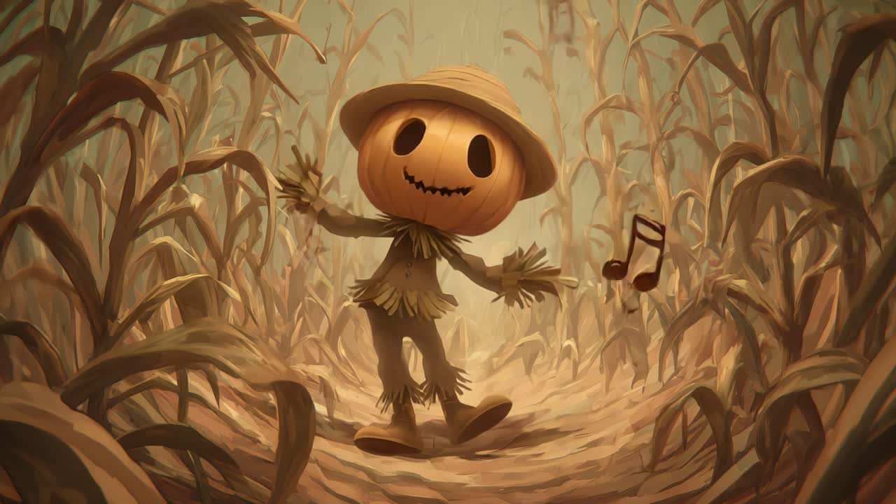 A Whimsical Scarecrow Dancing Joyfully Amidst Cornfield Echoes, Surrounded by Musical Notes and Harvest Spirit in a Vibrant, Dreamlike Atmosphere