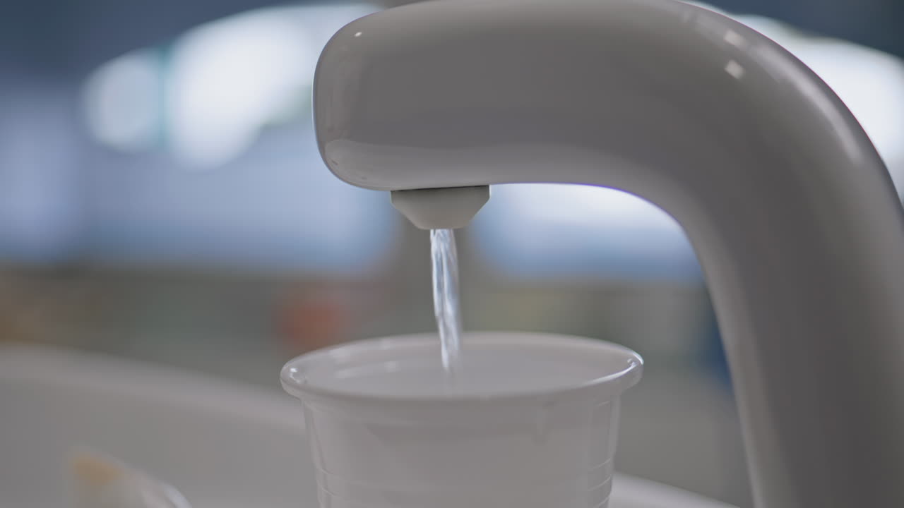 Água limpa em close fluindo da torneira odontológica para o copo da clínica. Equipamento de assistência médica