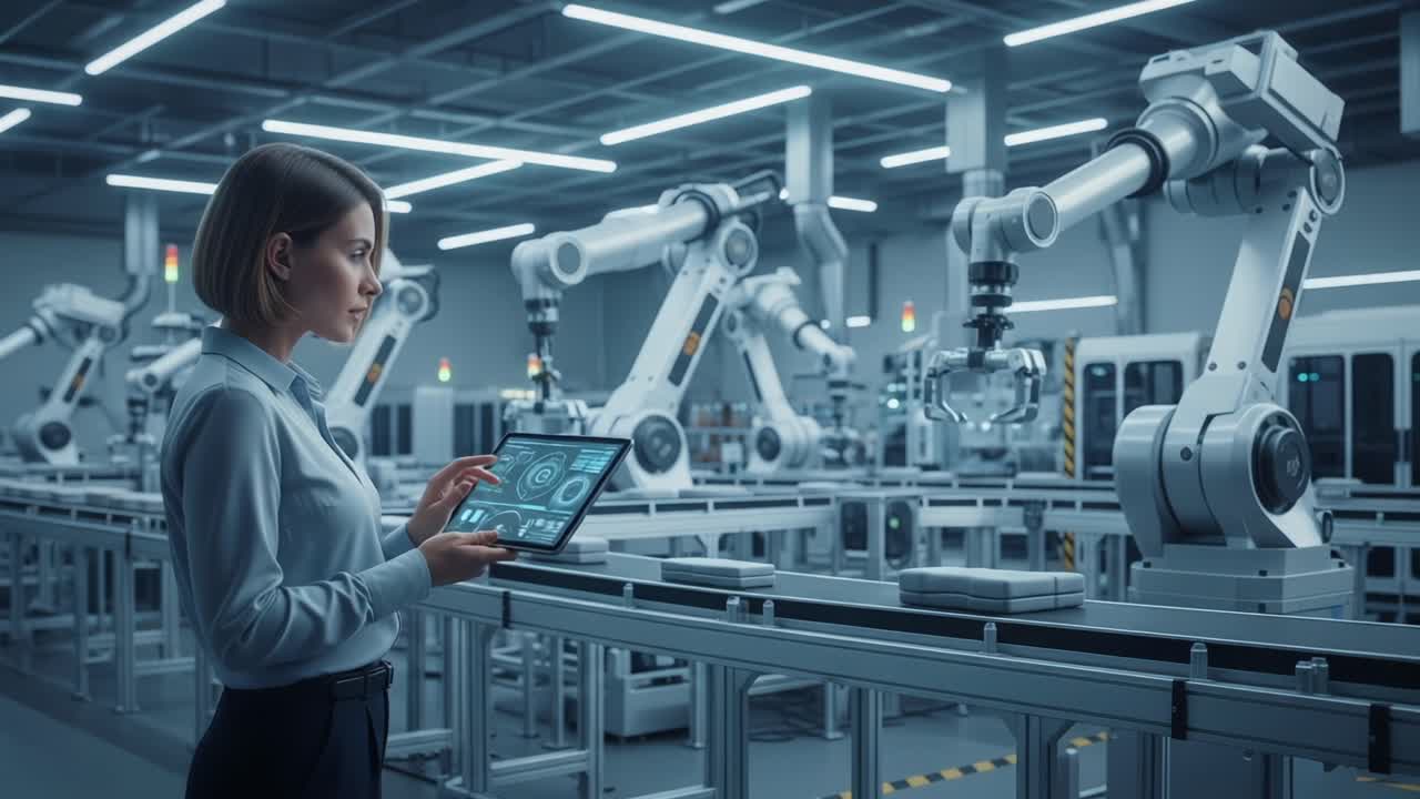 A modern professional investigates automated machinery processes while utilizing advanced technology in a robotic assembly line environment, showcasing innovation and engineering prowess