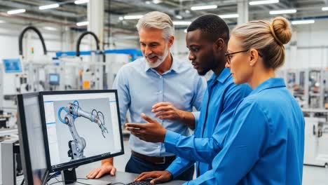 collaboration in robotics: engineers analyzing a robotic arm prototype on a screen in a modern manufacturing facility