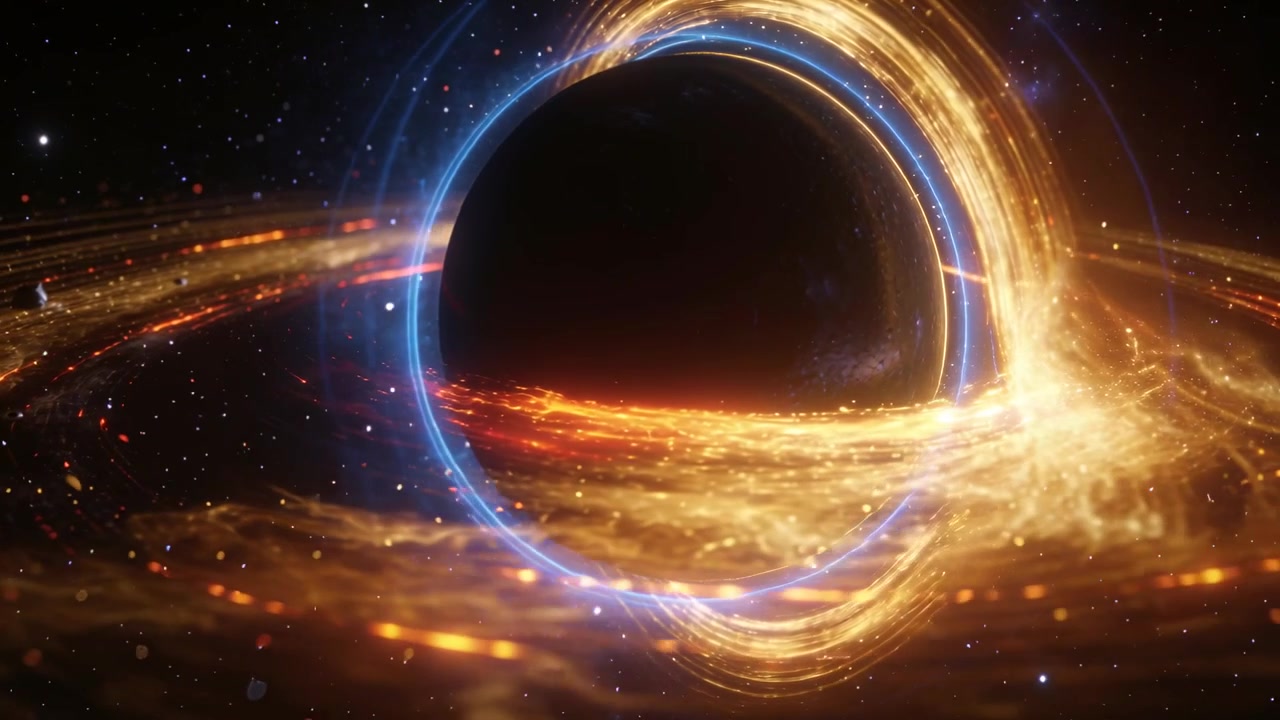 Drawing central mass pulling incoming gold stream inward by gravity in space, forming blue ring