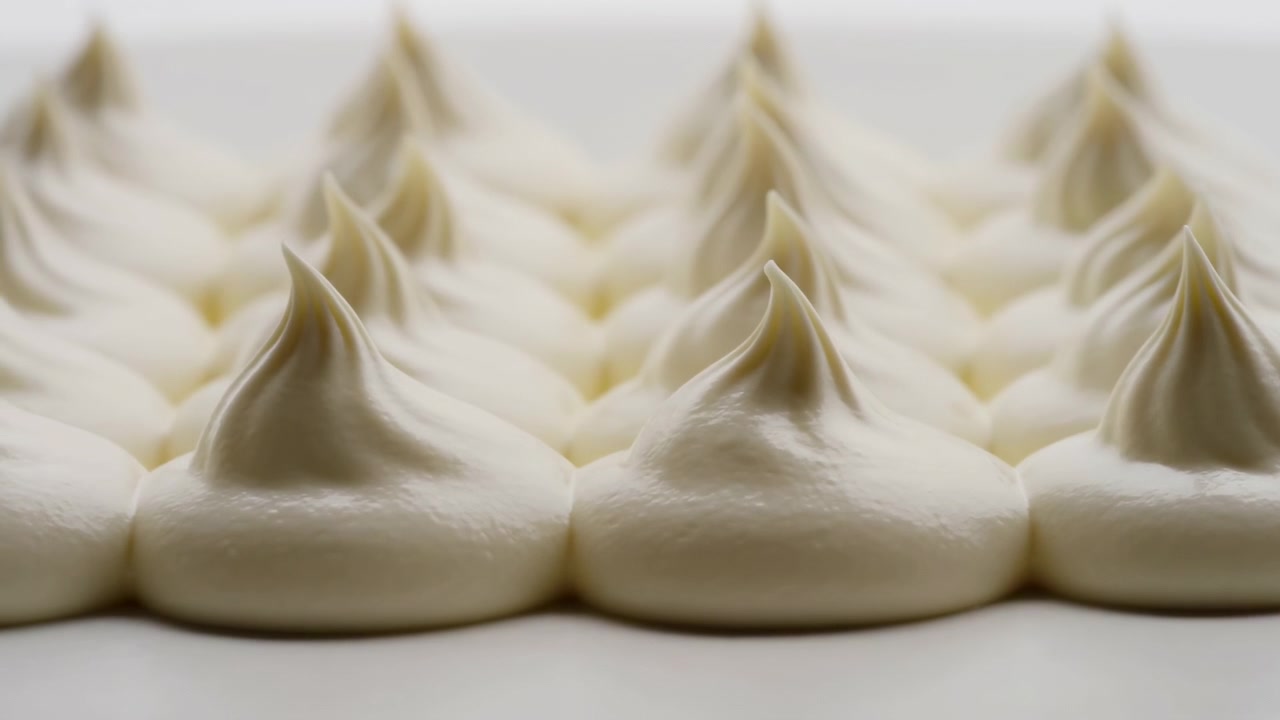 Rangées de quenelles de crème fouettée fraîchement dressées, disposées sur une surface plane et pâle, vues d'un point de vue bas avec une lumière douce, texture lisse et crémeuse, ombres subtiles, répétition ordonnée, dessert élégant