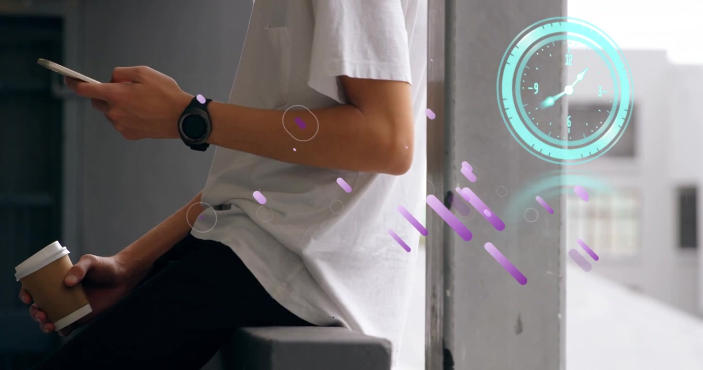 Animazione di un orologio che si muove su un uomo d'affari caucasico che usa lo smartphone.