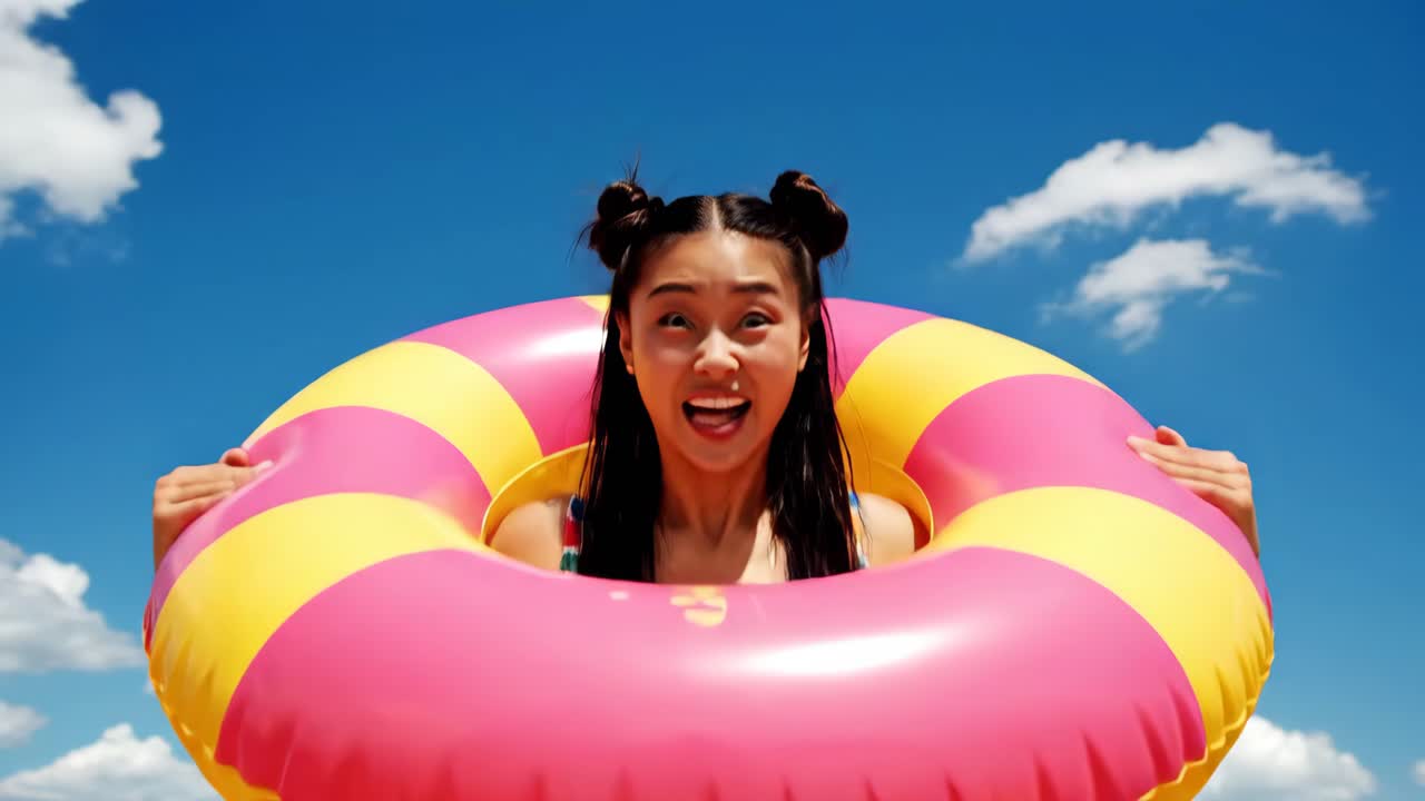 Woman in inflatable ring on beach