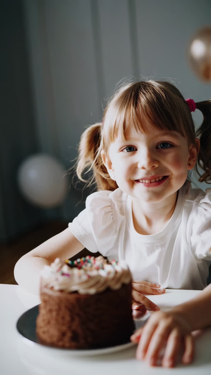 A happy young girl with pigtails smiles while holding a decorated chocolate birthday cake