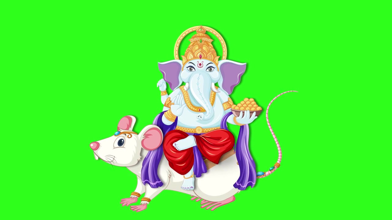 Illustrazione a cartone animato di Ganesha che cavalca un topo con movimenti sottili su uno sfondo verde