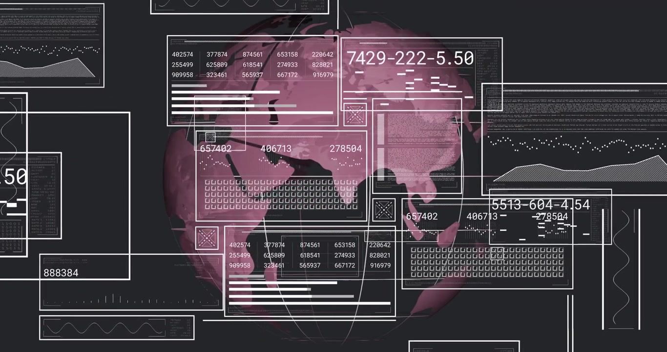 Magenta 3D globe opening, filling grids, animating charts, rotating eastward, visualizing metrics