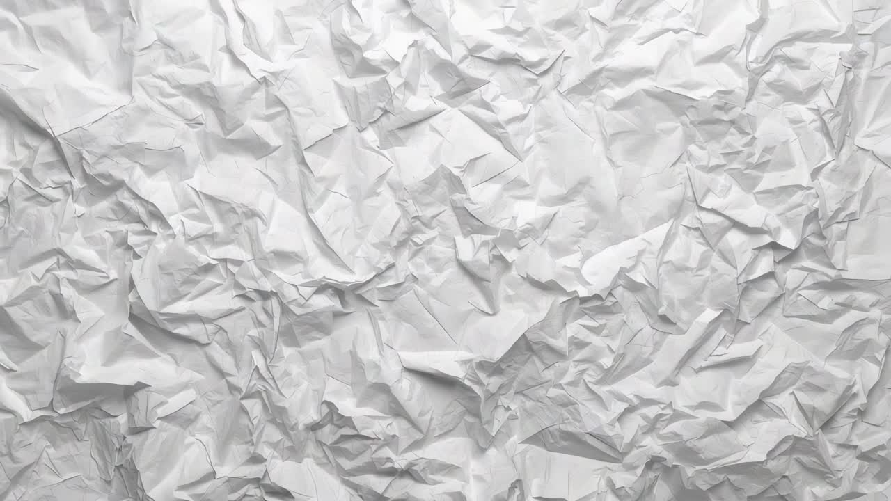 Shifting camera and light centering folds on crumpled white paper at studio table revealing texture