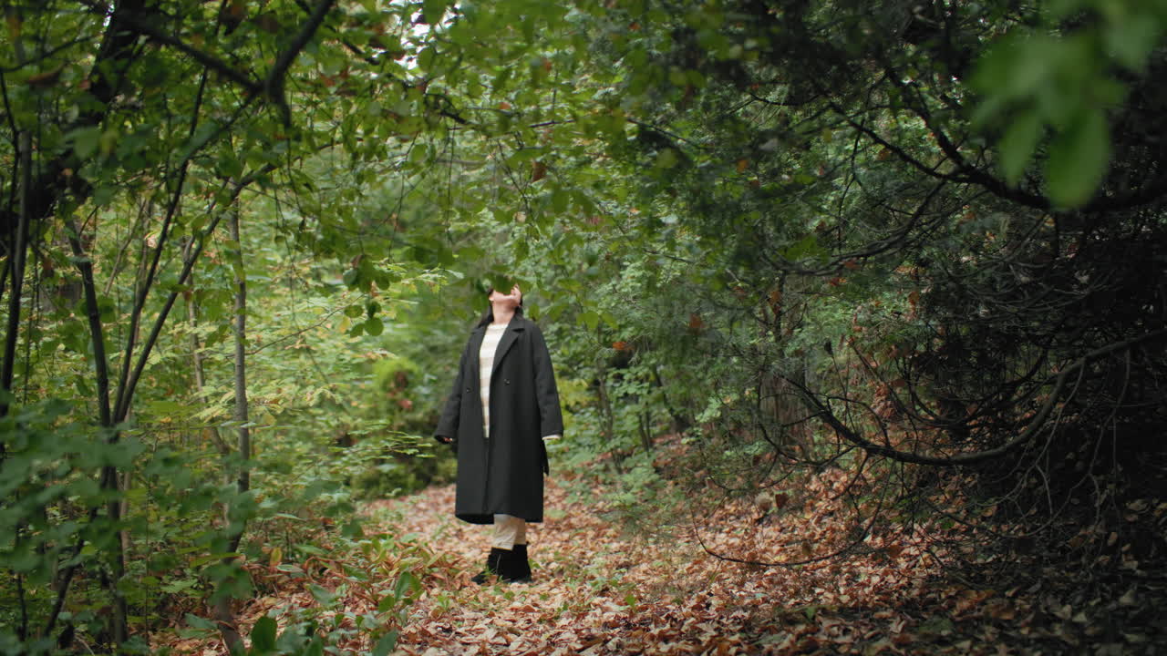 Приближенный вид молодой девушки, идущей по осенним деревьям по лиственной тропинке, смотрящей вверх и задевающей ветки, с развевающимся длинным пальто, безмятежной странницы, исследующей тихий лесной туннель, золотые листья, мягкий свет