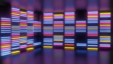 animation of multicoloured neon light lines flickering on black background