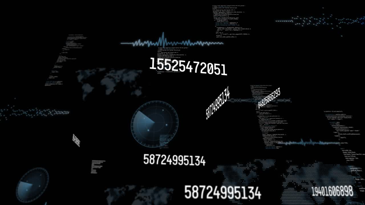 Telecamera che avanza, cifre bianche e indicatori HUD che scalano, ruotano e pulsano, visualizzando dati globali