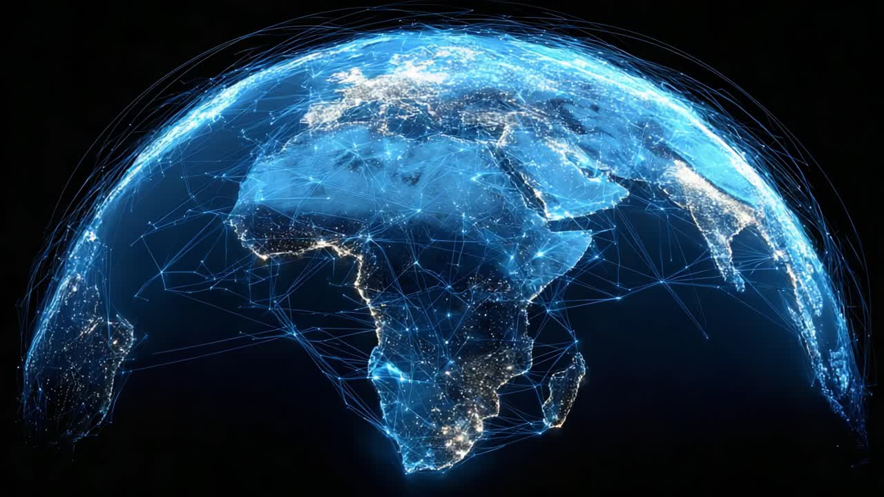Una straordinaria rappresentazione visiva della connettività globale: Terra illuminata circondata da reti digitali che mostrano regioni e continenti in un'affascinante luce blu