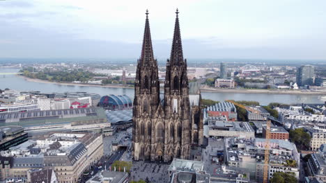 aerial view of cologne cathedral with rhein river in the background in germany