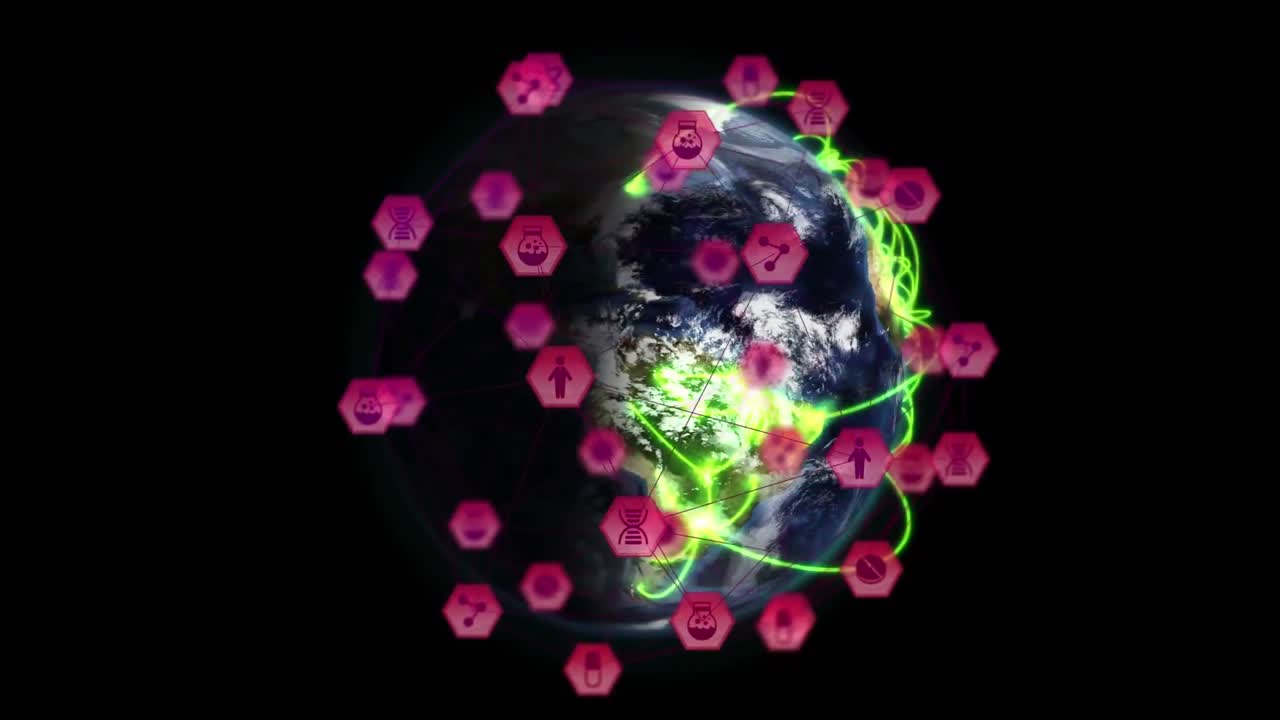 animación de una red de iconos digitales y senderos de luz verde sobre un globo giratorio sobre un fondo negro