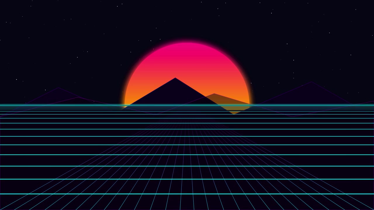 Retro Synthwave Style Landscape with Glowing Sun and Grid