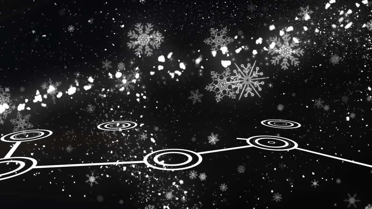 블랙 배경에 대한 연결 네트워크를 통해 떨어지는 별과 눈송이의 애니메이션