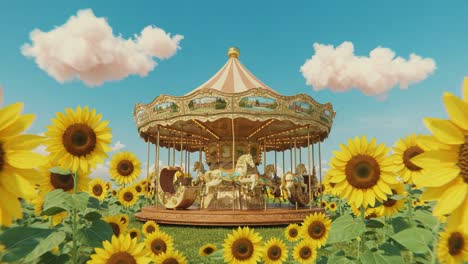 a vibrant carousel surrounded by sunflowers beneath a blue sky, capturing joy and whimsy in a dreamlike landscape filled with playful colorful elements