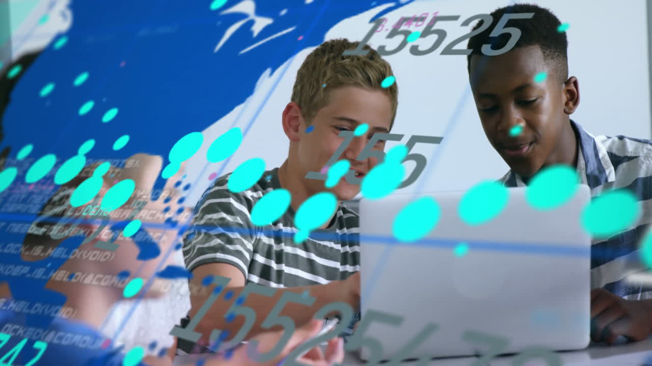 In school, boys using laptop with animation of numbers and dots overlaying