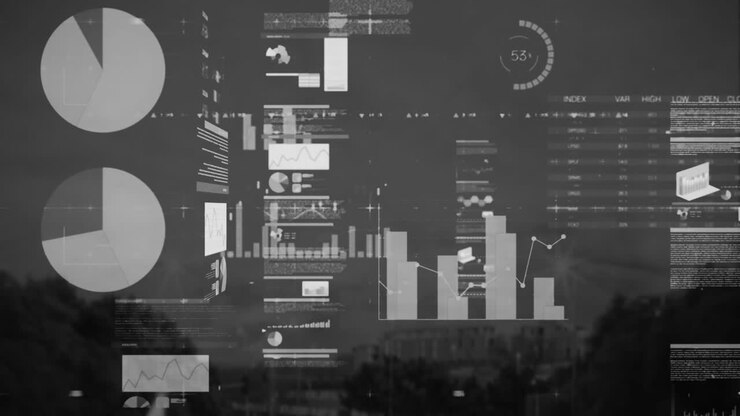 Animation of financial data processing over cityscape
