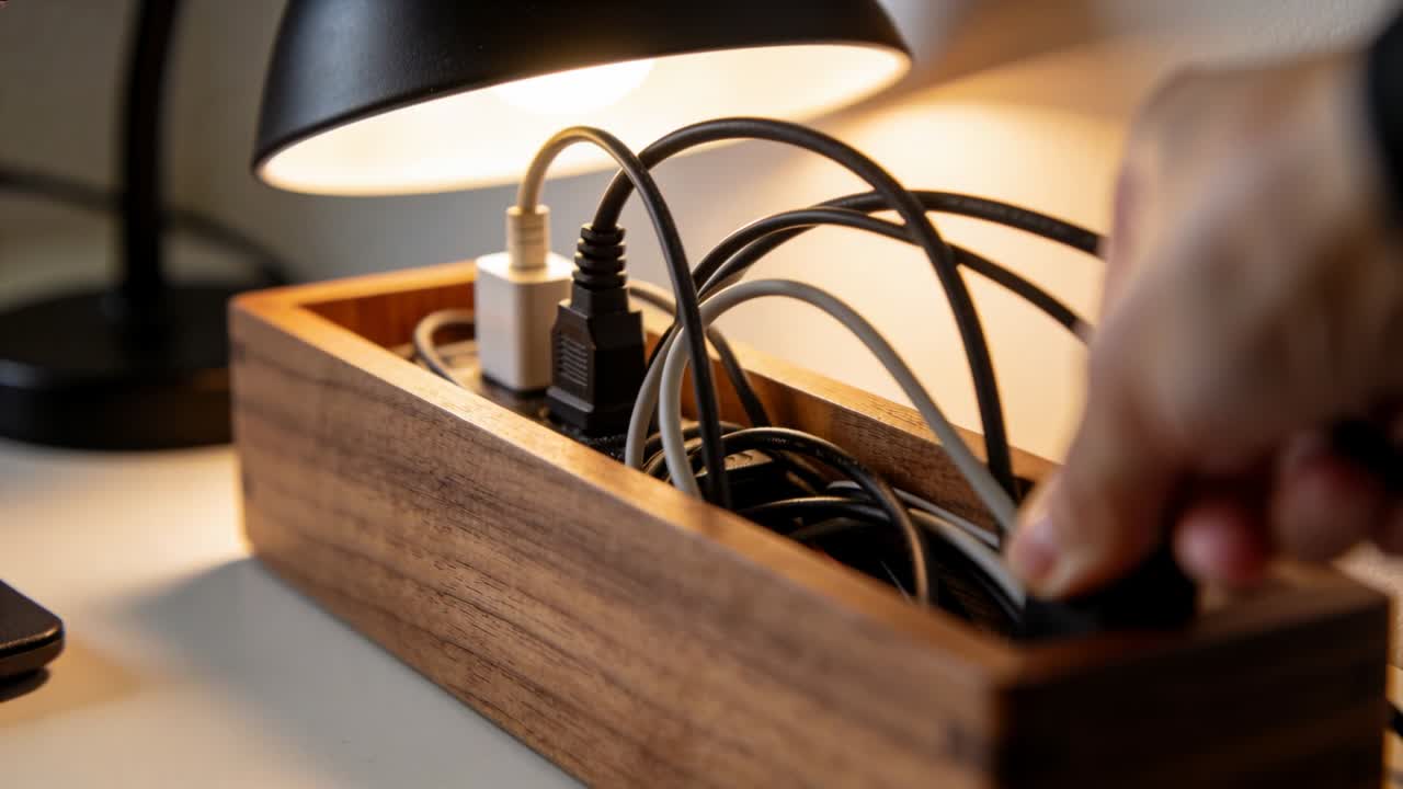 Reaching right hand from right pulling black adapter from wooden box on desk, tidying cords