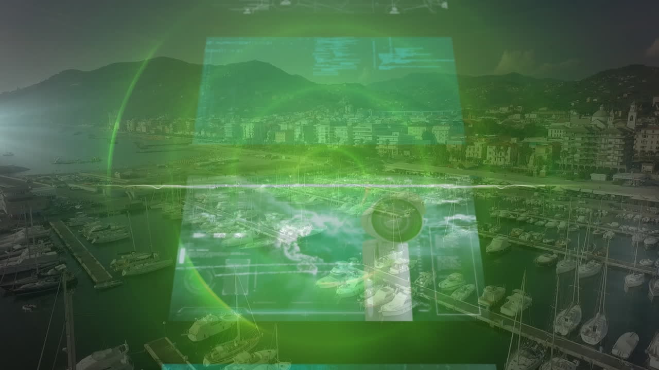 도시 풍경 위의 데이터 처리 애니메이션