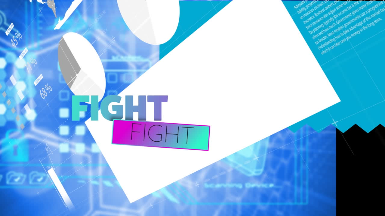 데이터 처리의 애니메이션과 파란색 배경의 모양에 대한 텍스트 싸움