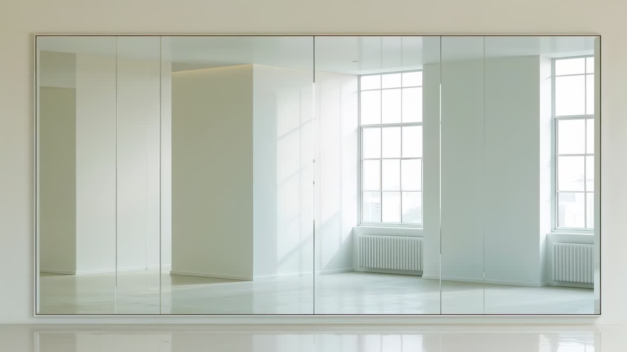 Frame change shifting mirrored panels revealing living room with blue sofa, pink sectional, plants