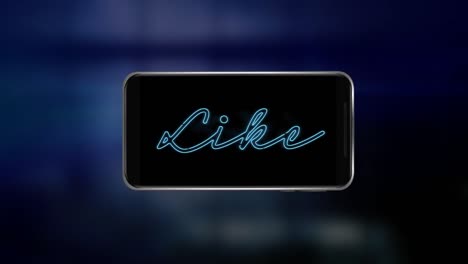 animation of blue neon style word like flickering on a screen of smartphone on dark blue background