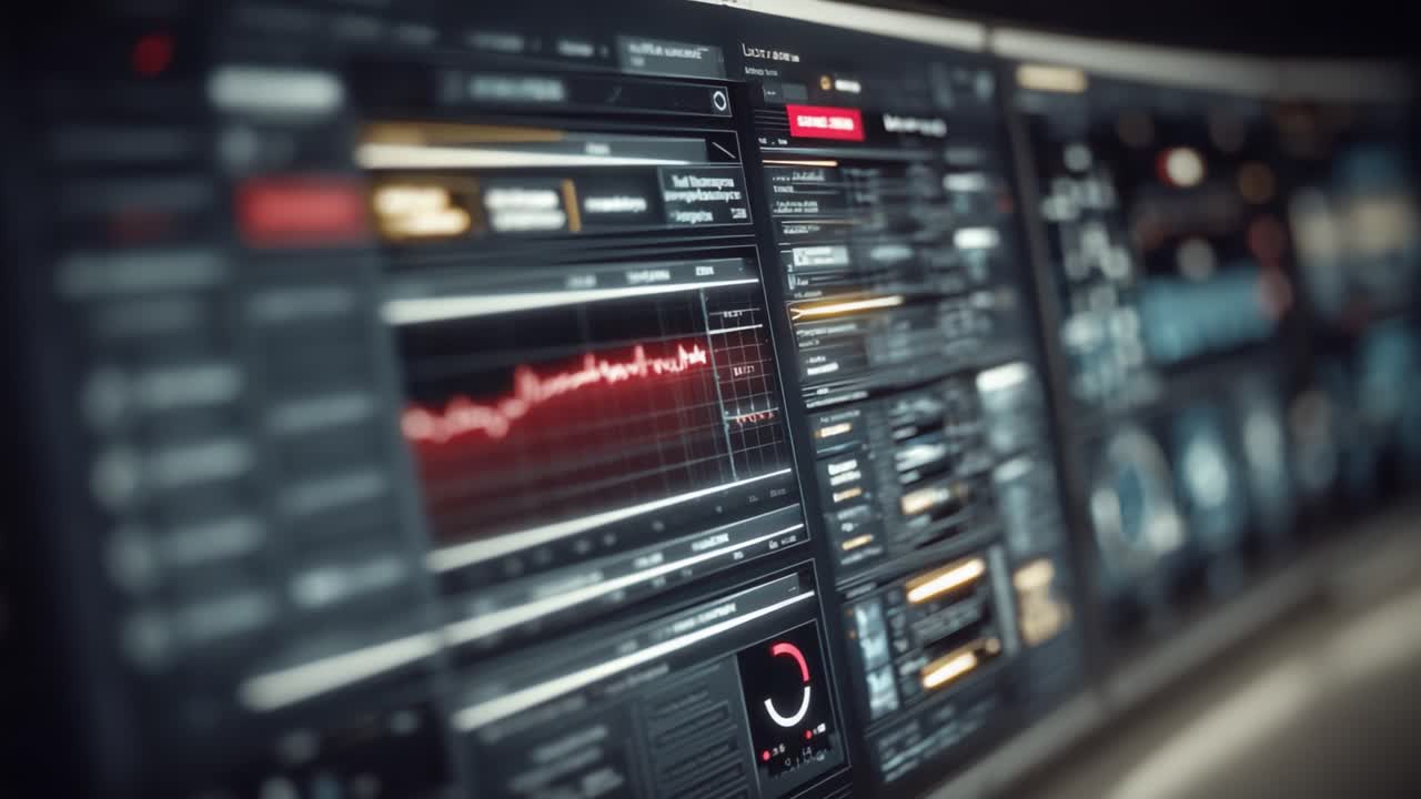 High-Tech Control Interface Featuring Complex Data Displays and Graphs for Monitoring and Analyzing System Metrics and Performance in an Advanced Environment