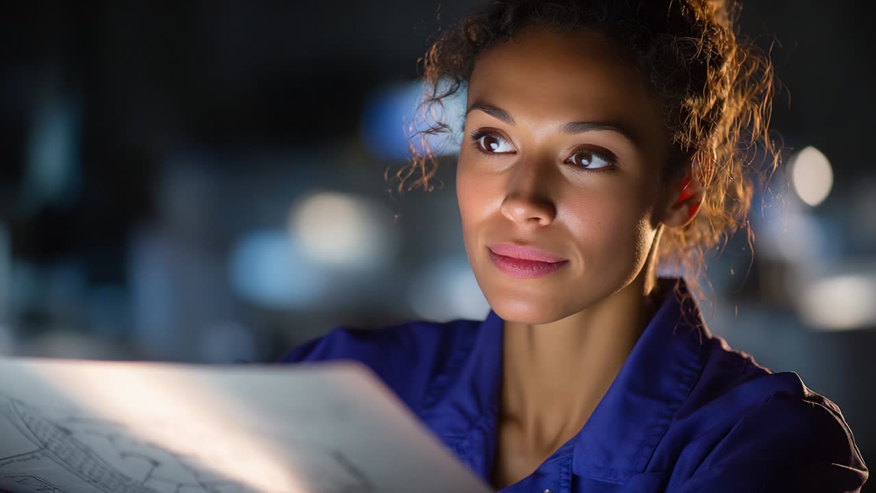 A focused young woman examines architectural blueprints in a dimly lit environment, showcasing her diligence and commitment to her construction project while highlighting her thoughtful expression and determination