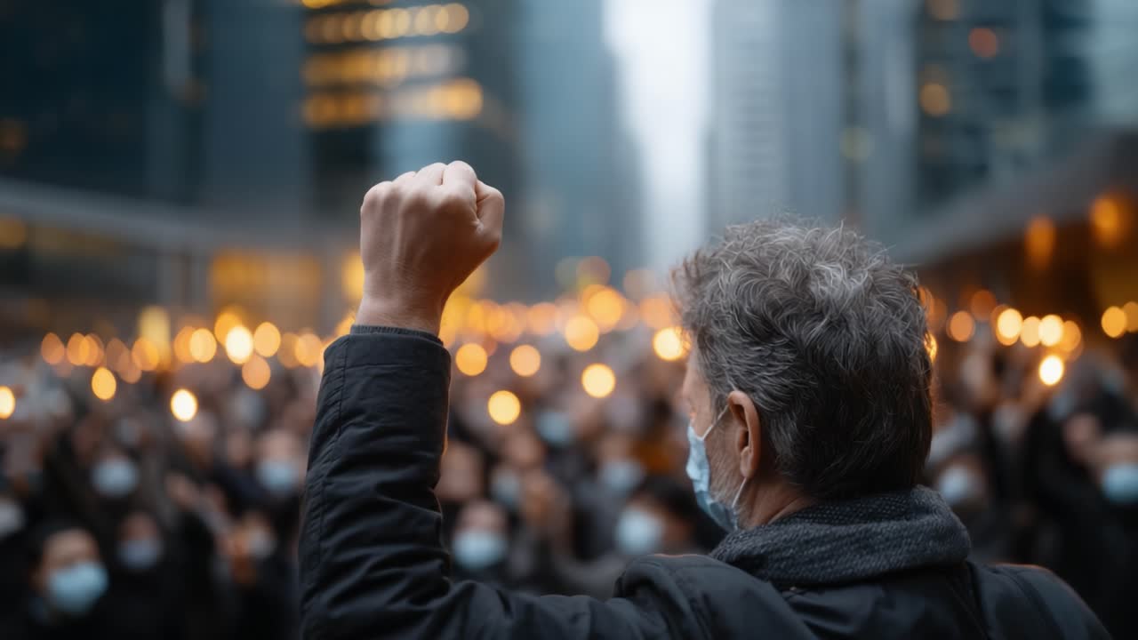 A powerful demonstration of unity and determination as a crowd displays their solidarity with raised fists and illuminated candles, advocating for change and justice on a city street