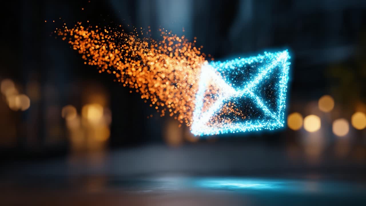 Sparkling Digital Envelope Glowing in Motion, Surrounded by a Mysterious Urban Environment, Representing Communication and Connection in the Modern Age
