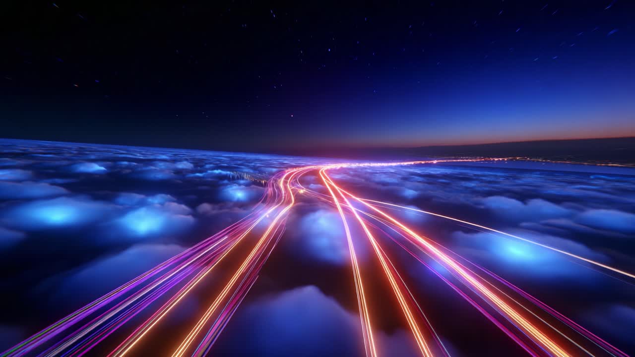 A breathtaking aerial view capturing vibrant light trails winding through the clouds at twilight, showcasing the beautiful juxtaposition of illuminated paths against a stunning twilight sky filled with stars
