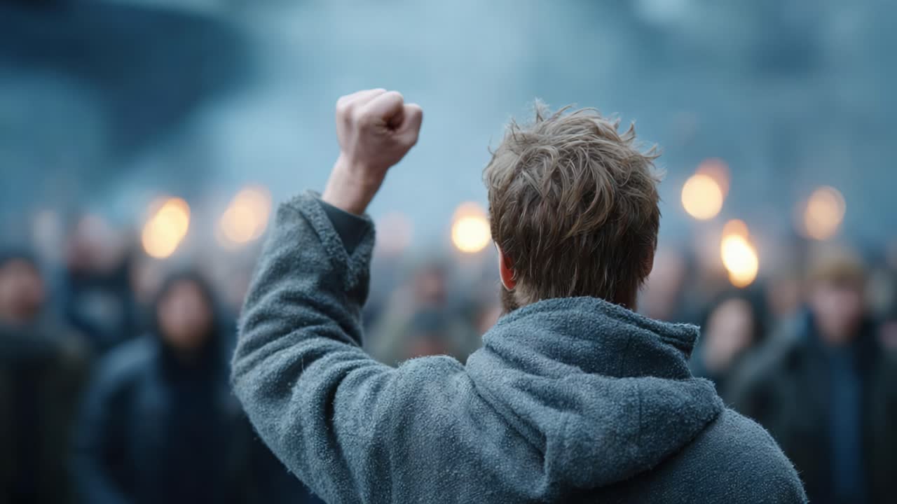 A Fearless Leader Rises: The Moment of Defiance Captured in Two Powerful Frames, Symbolizing Hope and Unity Among a Determined Crowd in a Dimly Lit Setting