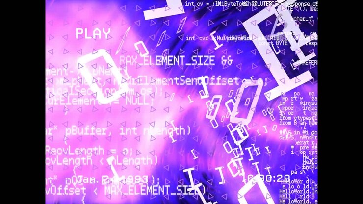 Animation of binary coding data processing over glowing computer circuit board
