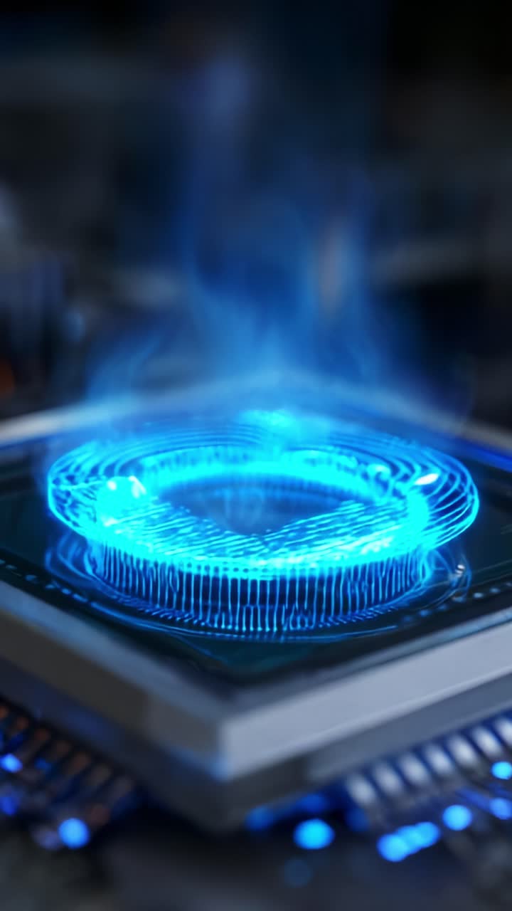 Visualizzazione dinamica di energia blu pulsante emessa da un dispositivo tecnologico che mette in evidenza funzionalità avanzate ed effetti visivi in un ambiente digitale