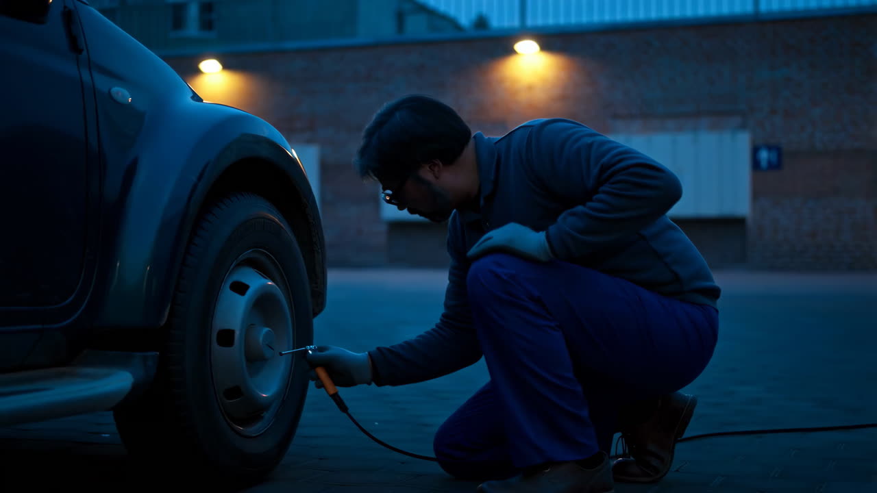 Man Inflates Car Tire at Night