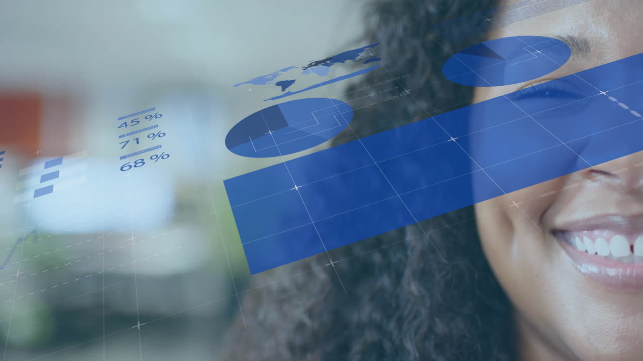 animación del procesamiento de datos financieros sobre una mujer de negocios afroamericana en la oficina